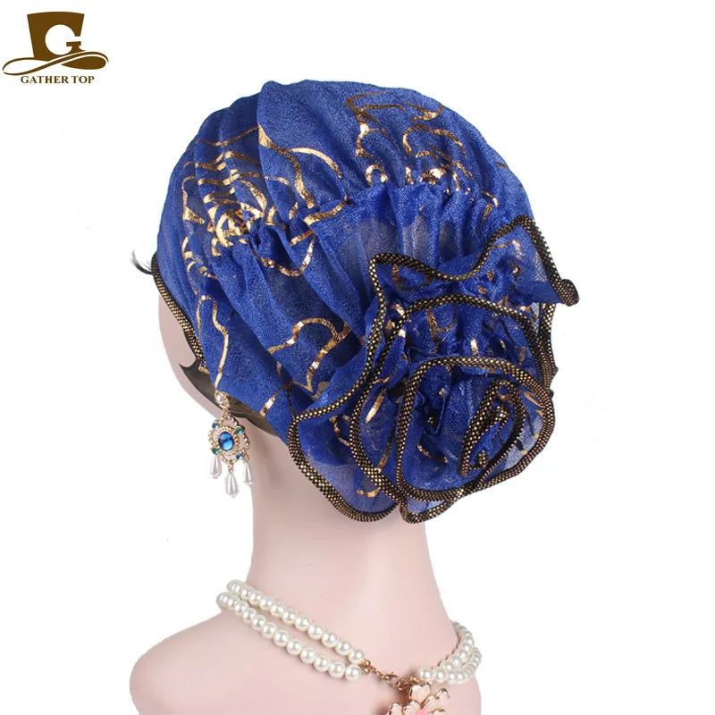 2025 Spring New Large Flower Turbans For Women Beauty Yarn Plate Jacquard Headwrap Lace Hat MuslimTurban Caps Islamic Headwear