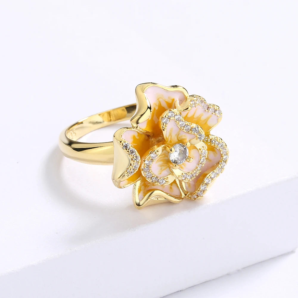 Classic 18k Golden Flower Enamel Ring