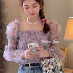 Mesh Sweet Mid-calf Print Long Sleeve Dress