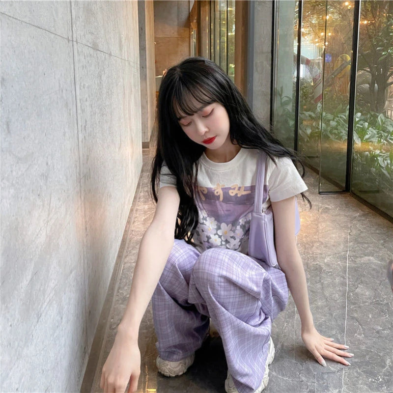 Qarkash Short Sleeve Cropped Printing Top Loose Plaid Pants Set