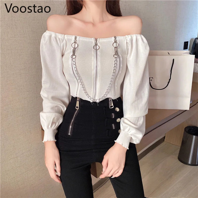 Off Shoulder Slash Neck Knitted Long Sleeve T-Shirt