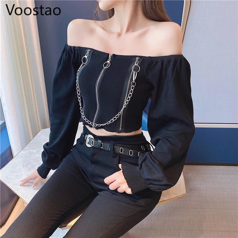 Off Shoulder Slash Neck Knitted Long Sleeve T-Shirt