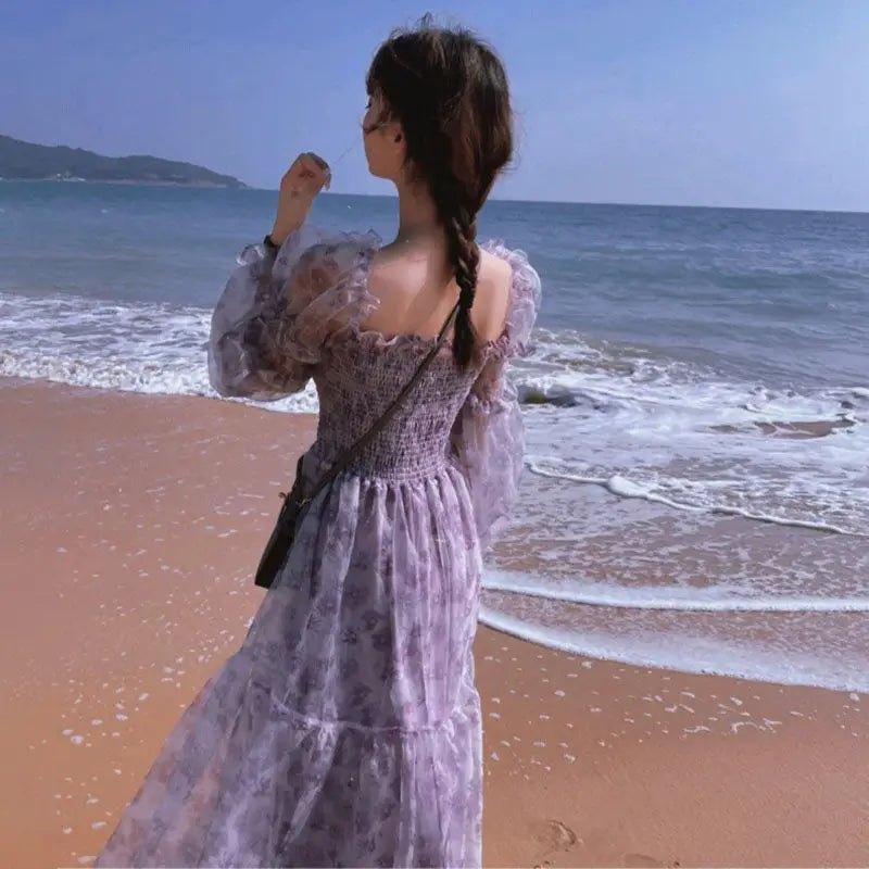 Mesh Sweet Mid-calf Print Long Sleeve Dress