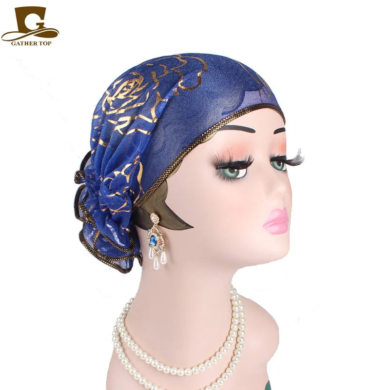2025 Spring New Large Flower Turbans For Women Beauty Yarn Plate Jacquard Headwrap Lace Hat MuslimTurban Caps Islamic Headwear