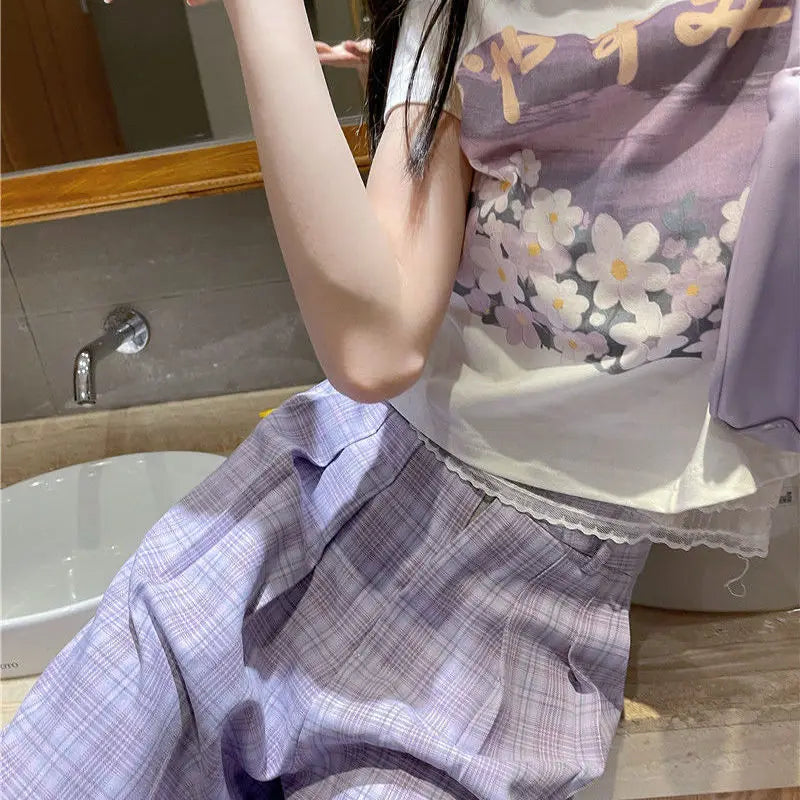 Qarkash Short Sleeve Cropped Printing Top Loose Plaid Pants Set