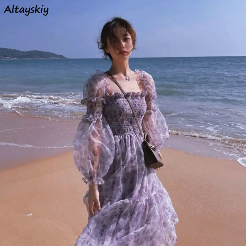 Mesh Sweet Mid-calf Print Long Sleeve Dress