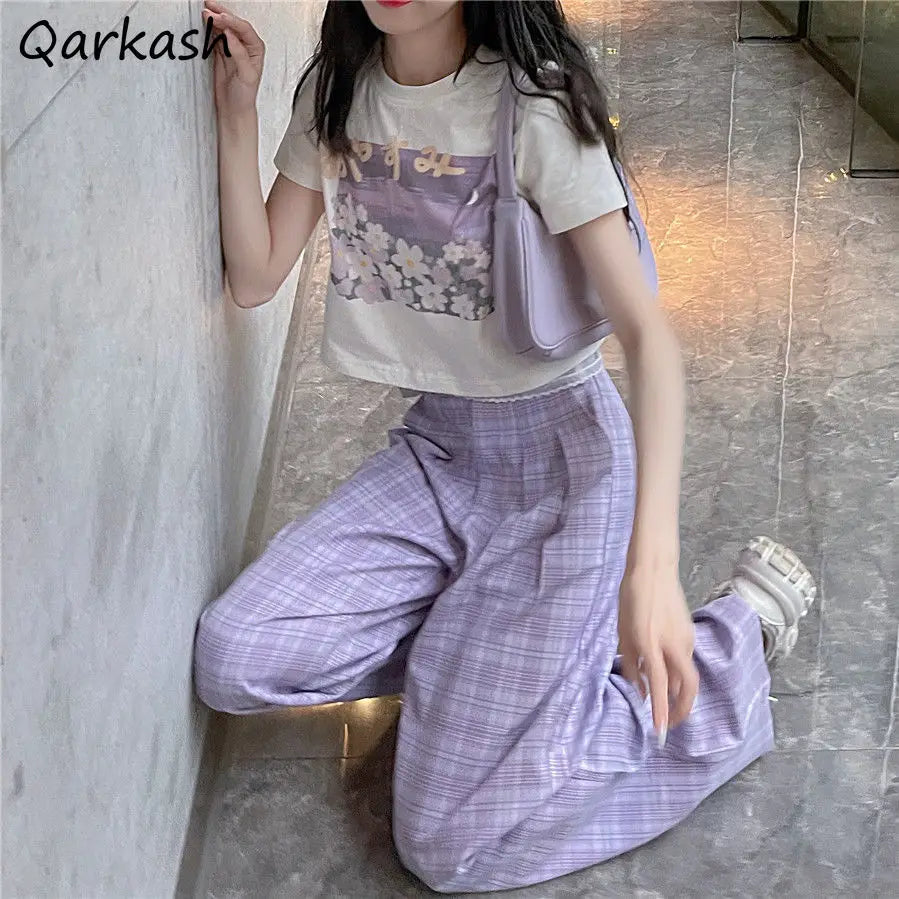 Qarkash Short Sleeve Cropped Printing Top Loose Plaid Pants Set