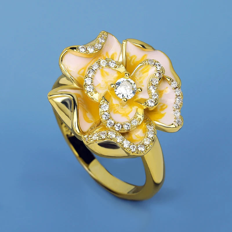 Classic 18k Golden Flower Enamel Ring