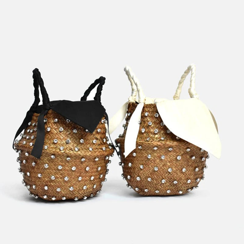Embellished Woven Straw Bucket Bag
