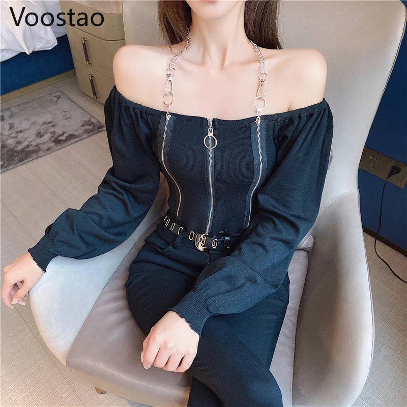 Off Shoulder Slash Neck Knitted Long Sleeve T-Shirt