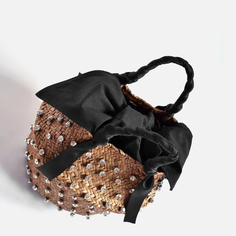 Embellished Woven Straw Bucket Bag
