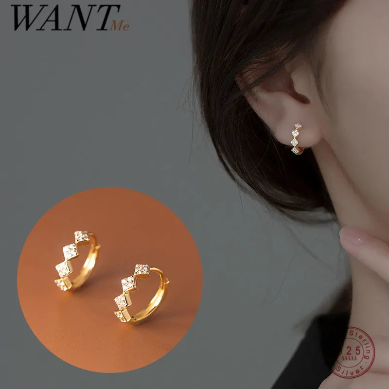 925 Sterling Silver Geometric Diamond Pavé CZ Zircon Charm Hoop Earrings