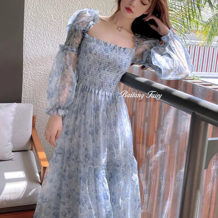 Mesh Sweet Mid-calf Print Long Sleeve Dress