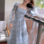 Mesh Sweet Mid-calf Print Long Sleeve Dress
