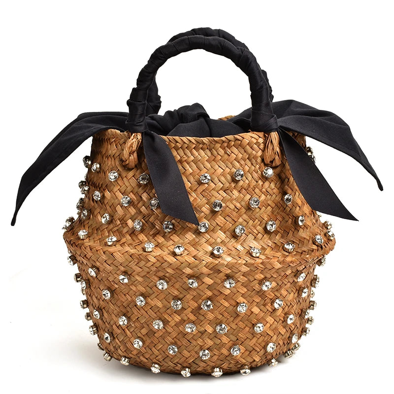 Embellished Woven Straw Bucket Bag