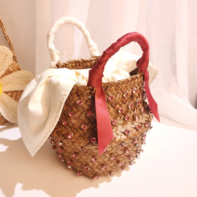 Embellished Woven Straw Bucket Bag