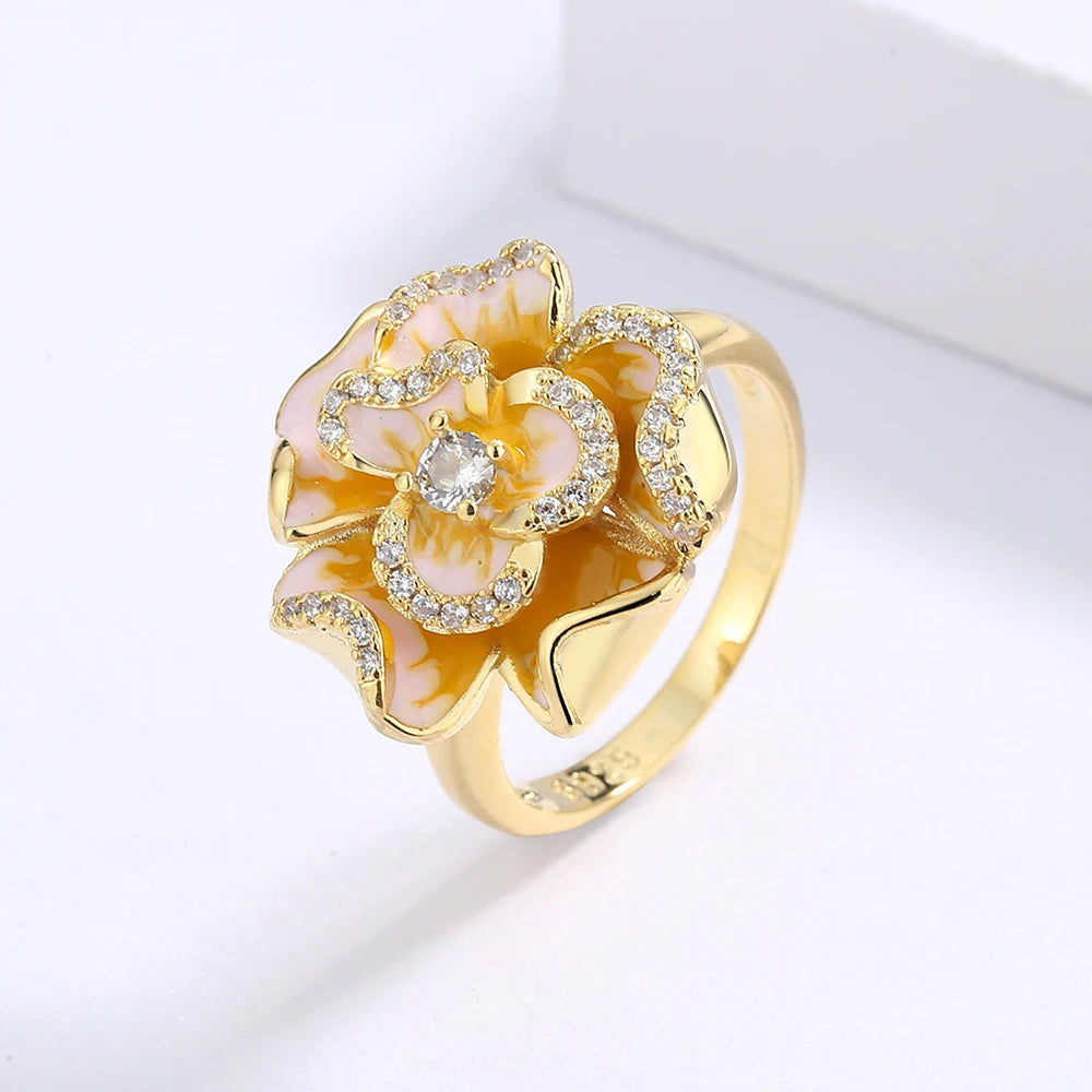 Classic 18k Golden Flower Enamel Ring
