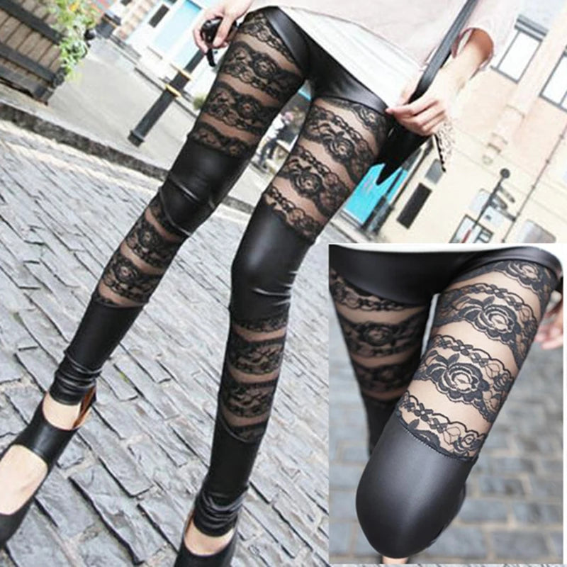 Lace Patchwork Artificial Leather Legging