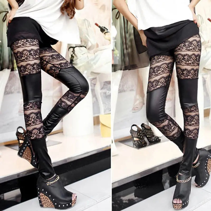 Lace Patchwork Artificial Leather Legging