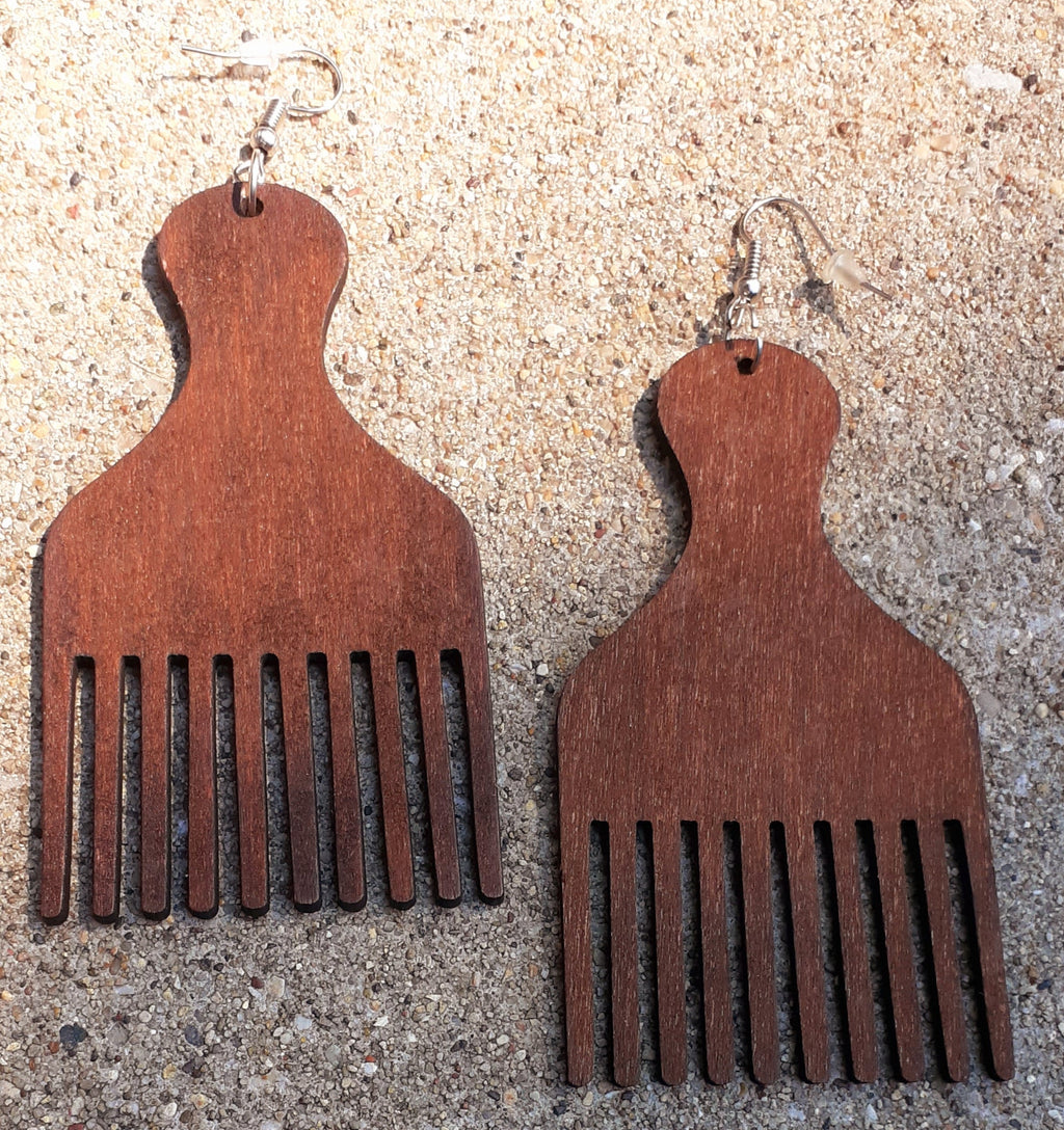 Handmade Natural Wood Afro Pick Earrings