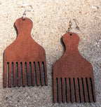 Handmade Natural Wood Afro Pick Earrings