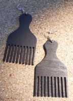 Handmade Natural Wood Afro Pick Earrings