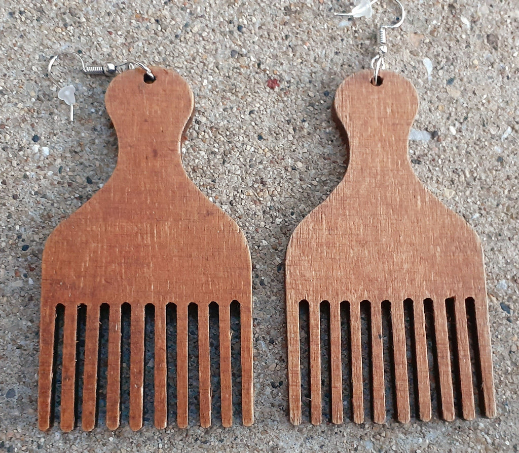 Handmade Natural Wood Afro Pick Earrings