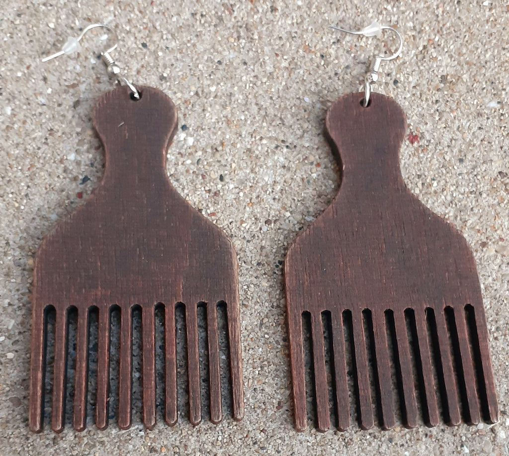 Handmade Natural Wood Afro Pick Earrings
