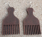 Handmade Natural Wood Afro Pick Earrings