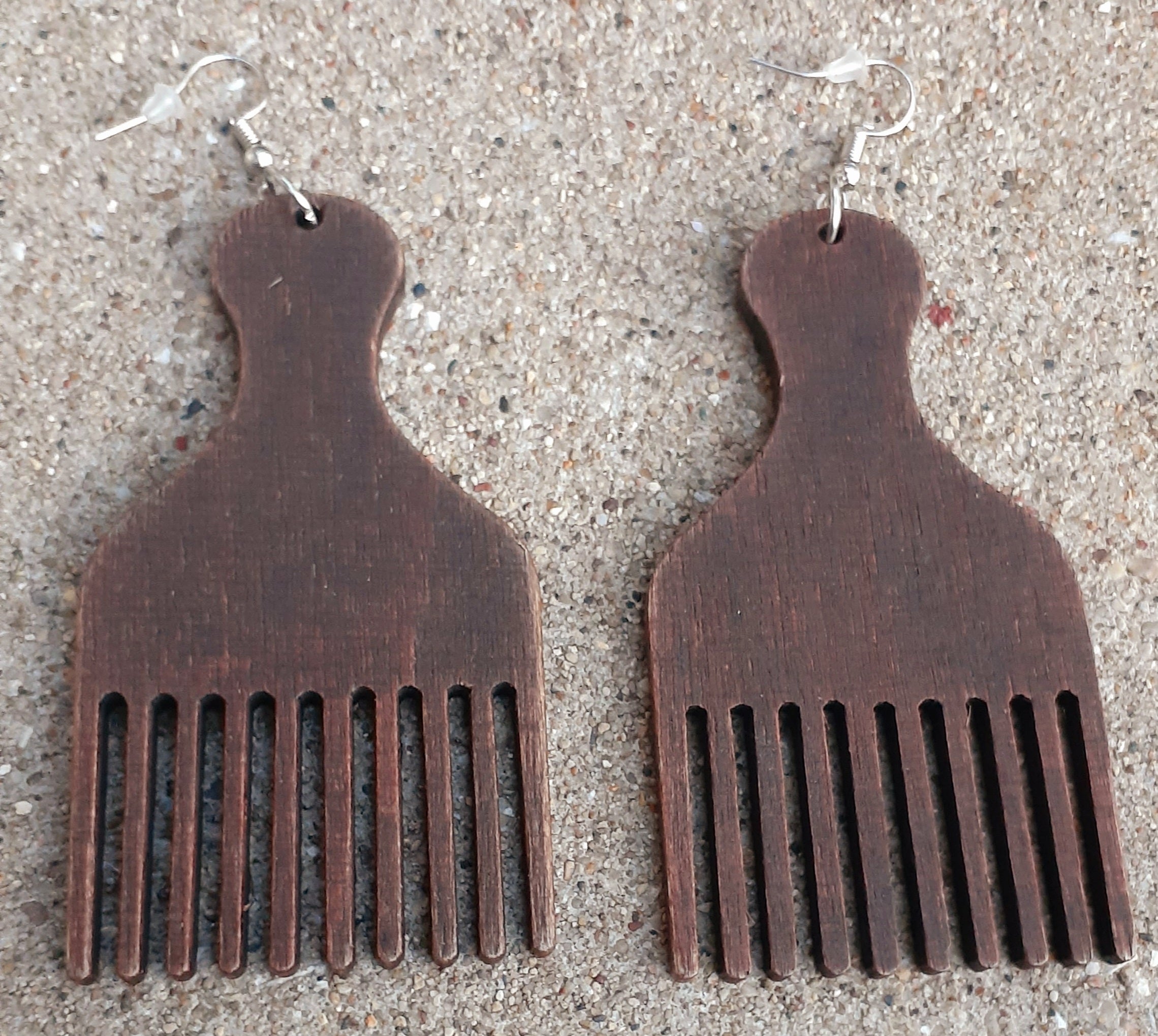 Handmade Natural Wood Afro Pick Earrings