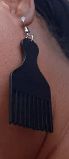 Handmade Natural Wood Afro Pick Earrings