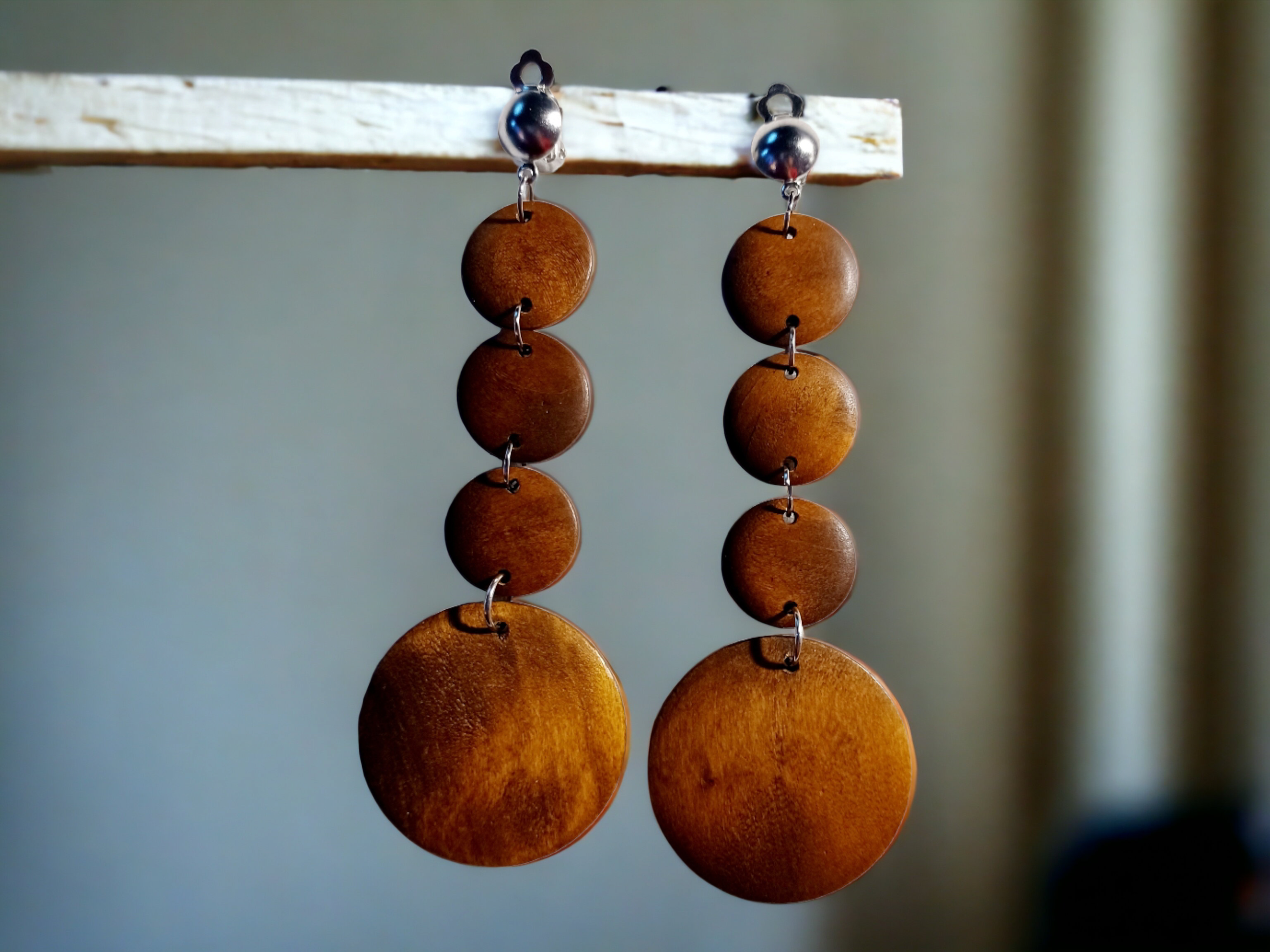Handmade boho wood clip on earrings