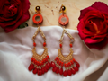 Handmade wood and rhinestone Red tassel clip on earrings