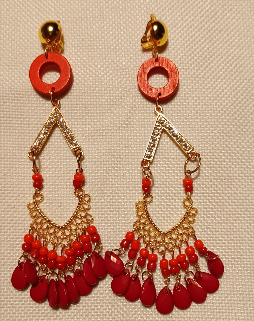 Handmade wood and rhinestone Red tassel clip on earrings