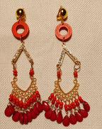 Handmade wood and rhinestone Red tassel clip on earrings