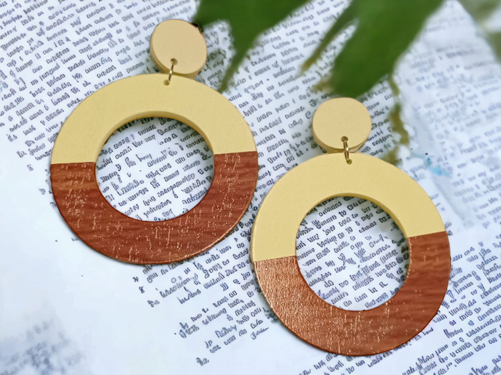 Handmade wooden hoop Clip Earrings