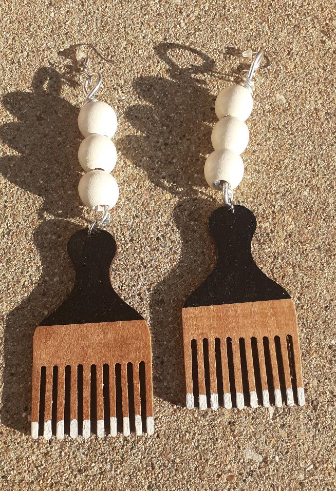 Handpainted Wooden Afro Pick Earrings