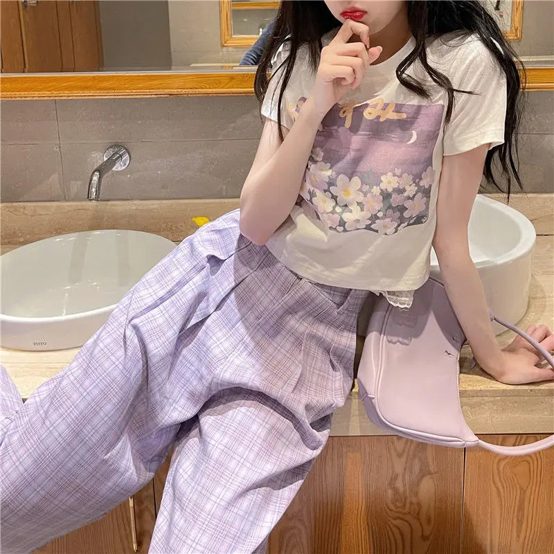 Qarkash Short Sleeve Cropped Printing Top Loose Plaid Pants Set
