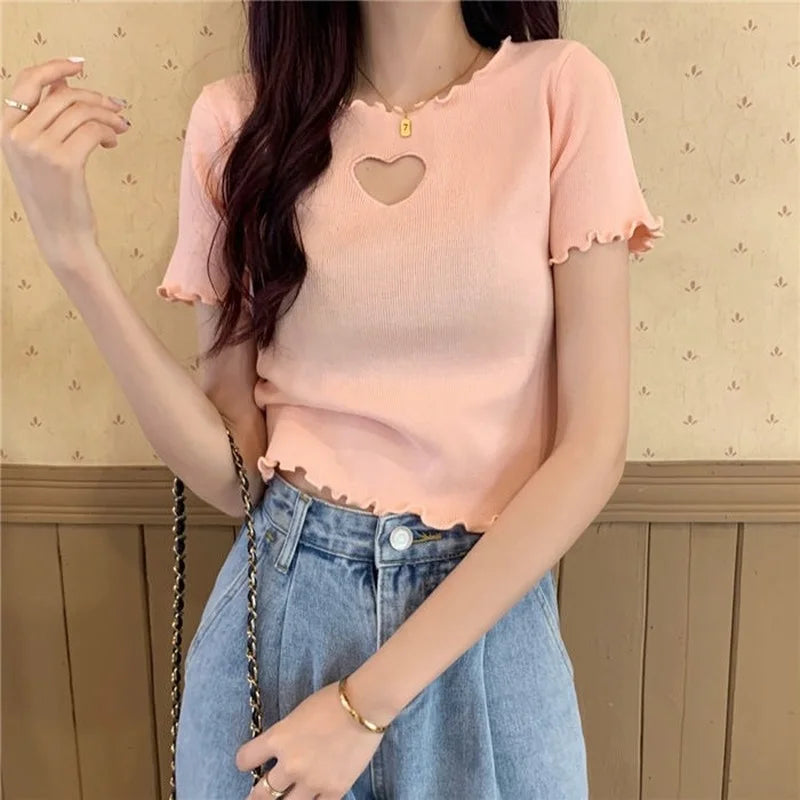 Heart Cut Out Lettuce Trim Tee
