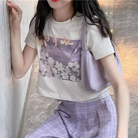 Qarkash Short Sleeve Cropped Printing Top Loose Plaid Pants Set