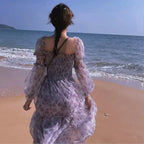 Mesh Sweet Mid-calf Print Long Sleeve Dress