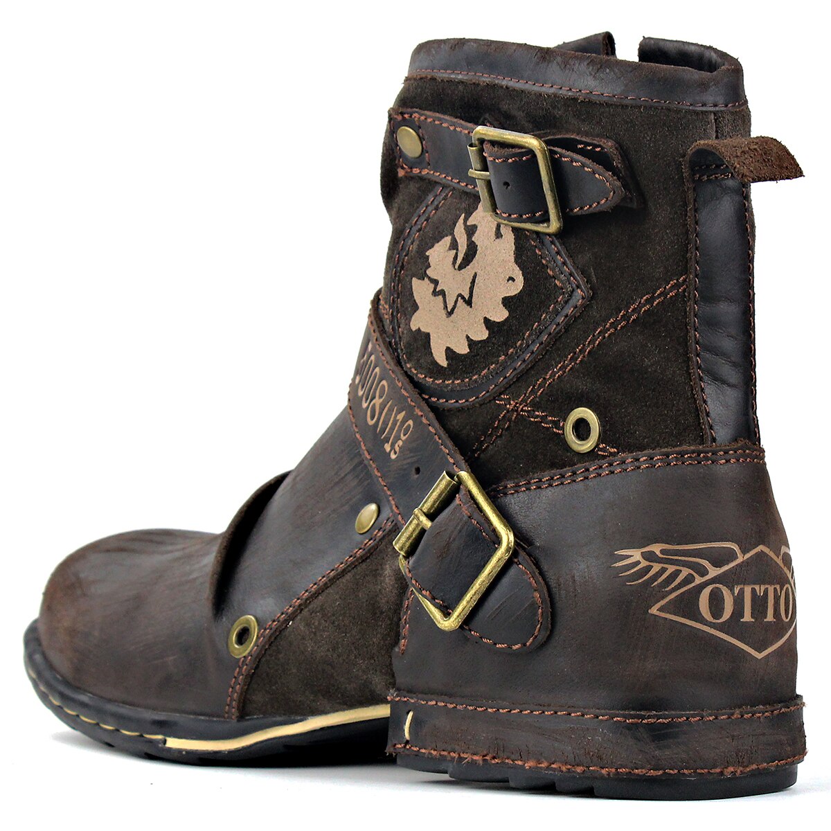 OSSTONE Moto Boots for Men Vintage Zipper-up Retro Leather Chukka Boots Distressed Rock n roll Bike Shoes Punk Boots OS-5008-1-D