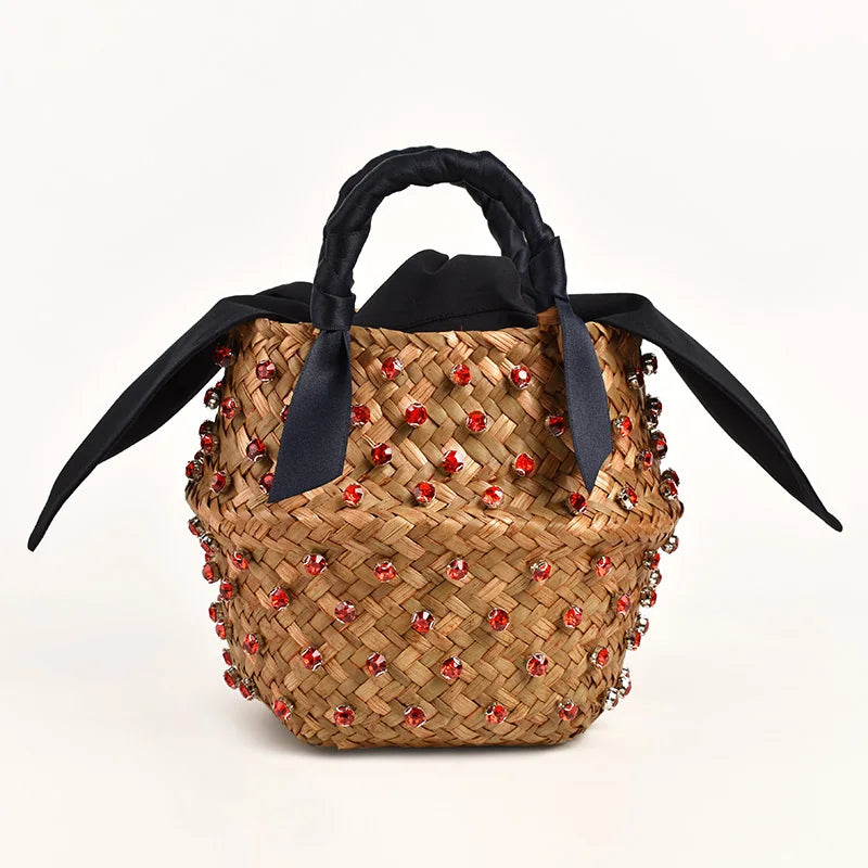 Embellished Woven Straw Bucket Bag