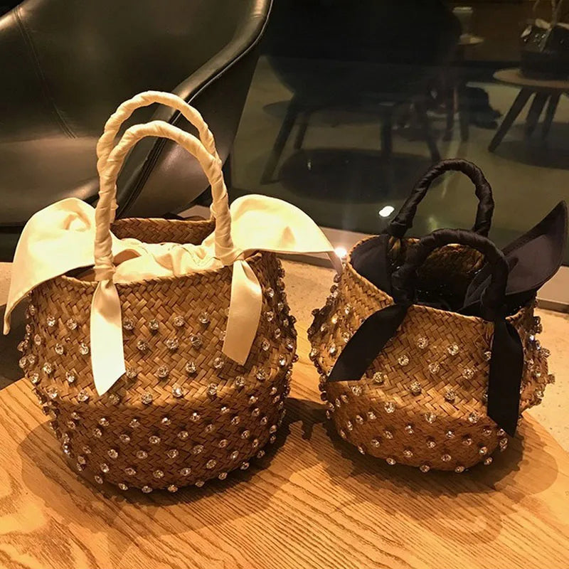 Embellished Woven Straw Bucket Bag