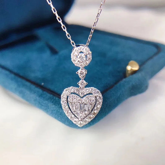 White Gold Diamond Heart Pendant With D Color Stones Wedding Jewelry For Women Romantic Style