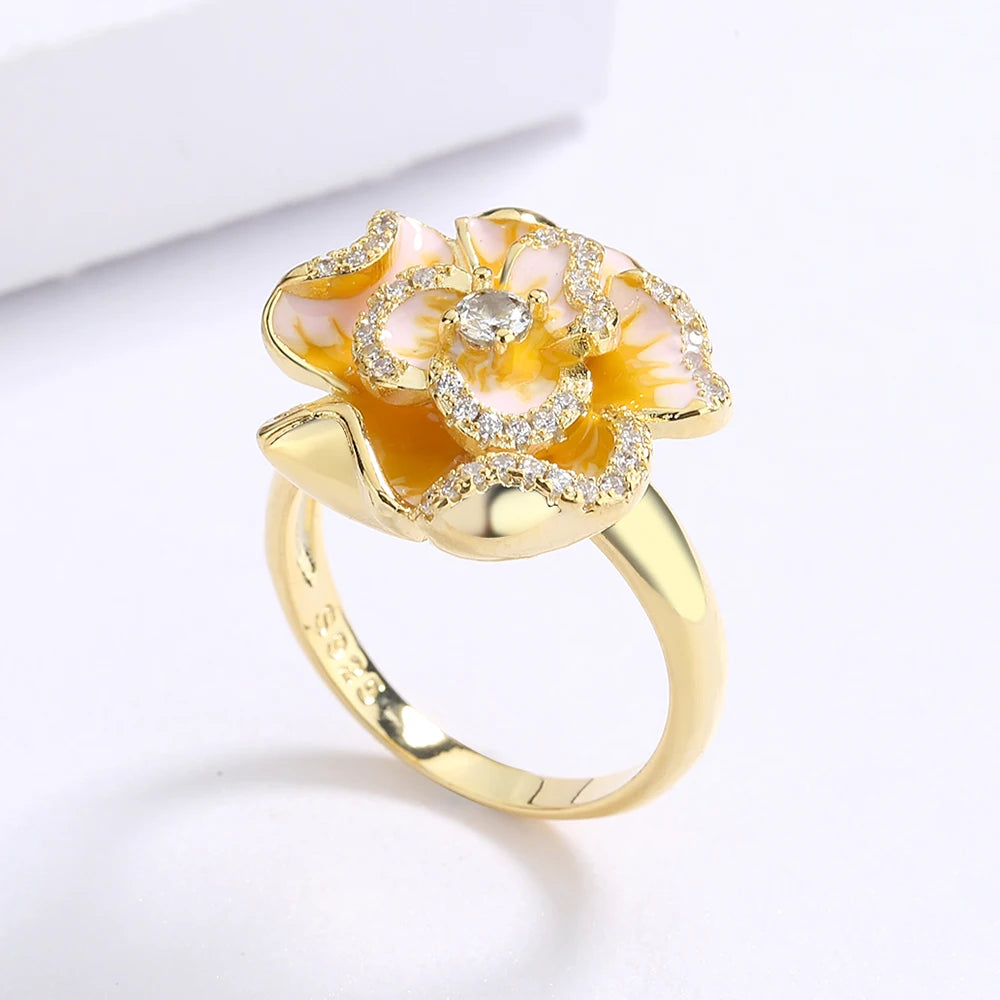 Classic 18k Golden Flower Enamel Ring