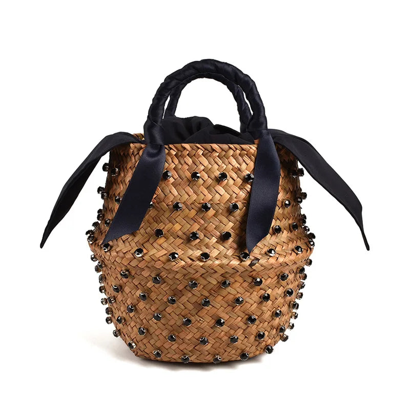 Embellished Woven Straw Bucket Bag