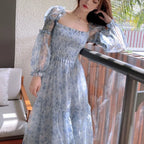 Mesh Sweet Mid-calf Print Long Sleeve Dress