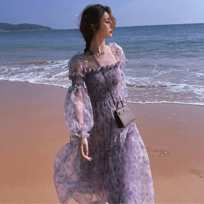 Mesh Sweet Mid-calf Print Long Sleeve Dress