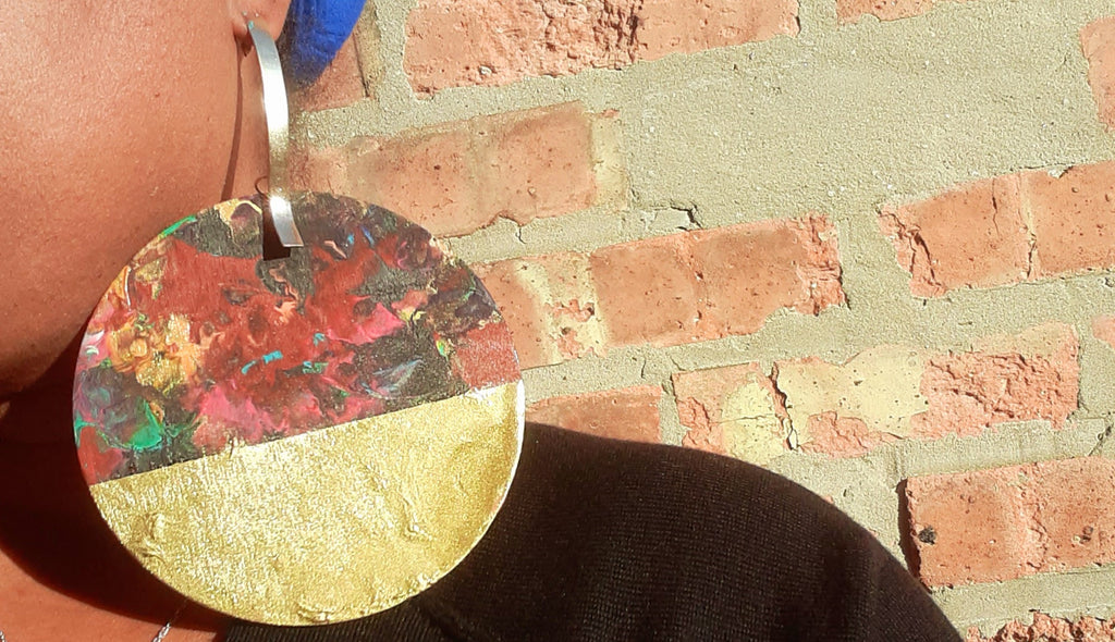 Huge 7 inch Abstract handpainted Wooden Earrings